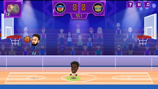 Basketball Legends match in progress, the ball loose under the left hoop with the clock running