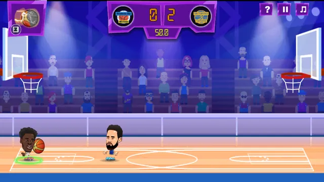 A Basketball Legends possession with the score at 0-2 and a defender closing in