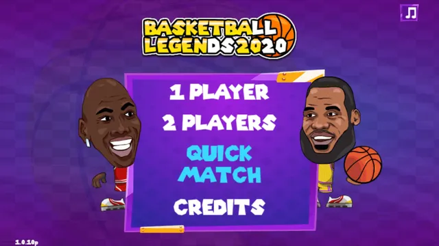 Basketball Legends title screen with the 1 Player, 2 Players and Quick Match menu