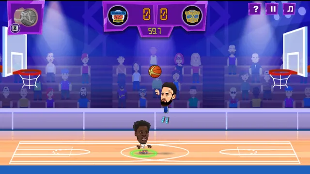 Tip-off in Basketball Legends: two legends on the half-court with the scoreboard at 0-0